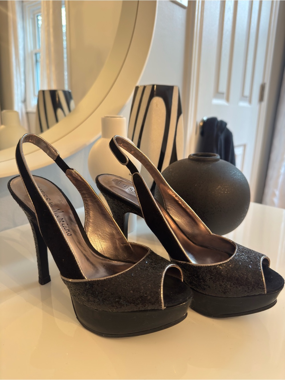 Guess by Marciano Black Glitter Open-Toe Slingback Platform Heels
